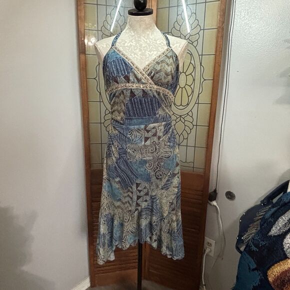 Vintage 90's Y2K Boho Patchwork Haltered Beaded Neckline Fairy Dress Size XL - Picture 1 of 16